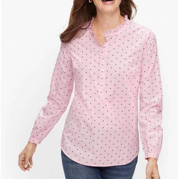 Talbots Cotton Feminine Popover Blouse Size 1X Plus Pink Polka Dot Preppy Office - Picture 1 of 7